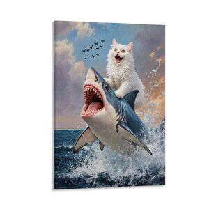 Shark-Riding Cat, Built-in Back Wood Frame, Wall Artwork, 36Lx24W